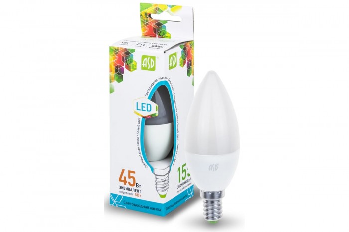 E14 Лампа LED светодиод. ASD LED-СВЕЧА-standard 5 Вт 4000 К