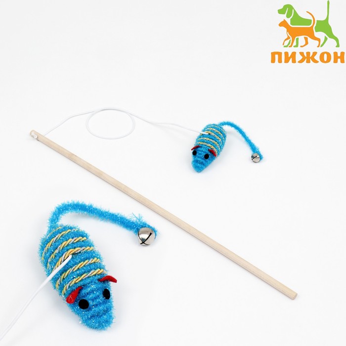 Дразнилка-удочка с блестящей мышью на деревянной ручке, синяя
