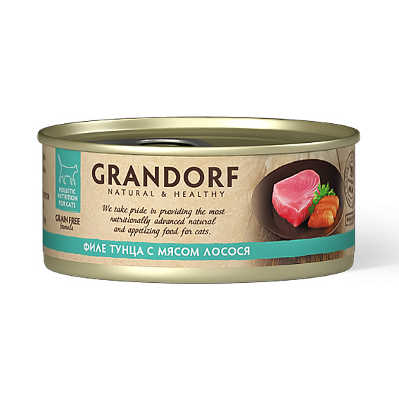 Grandorf (консерв.) 70 г для кошек  филе тунца с мясом лосося (беззерновой)