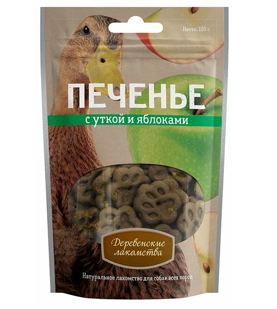 Деревенские лакомства: печенье с уткой и яблоками 100 г для собак