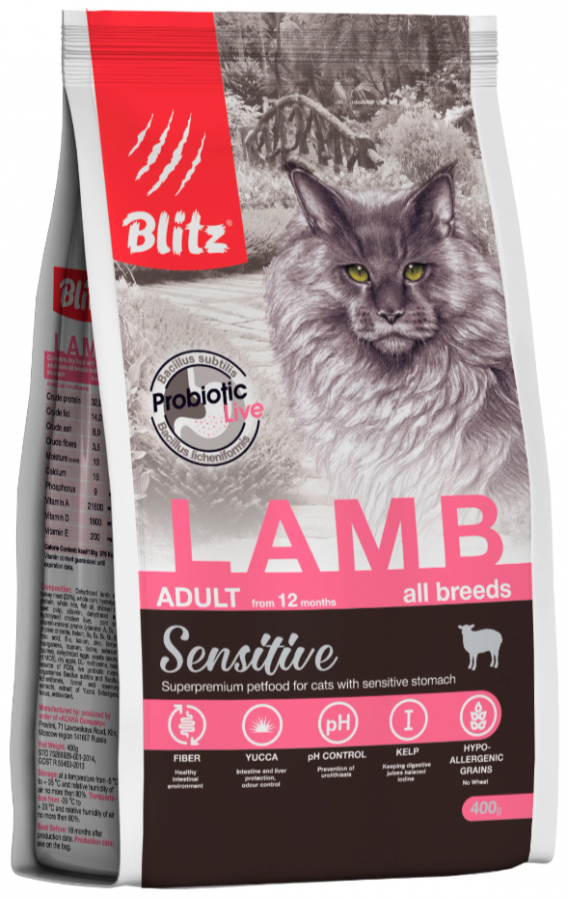 Blitz 400 гр Sensitive для кошек, с ягненком