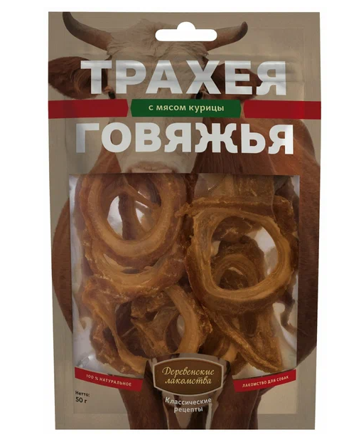 Деревенские лакомства для собак, трахея говяжья с мясом курицы, 50 г