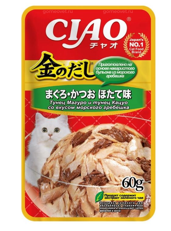 Inaba Kinnodashi (консерв.) 60 г д/кошек тунец магуро и тунец кацуо с морским гребешком