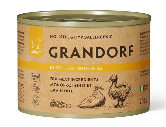 GRANDORF (жб) 200 г д/собак Паштет из утки с грушей и черникой