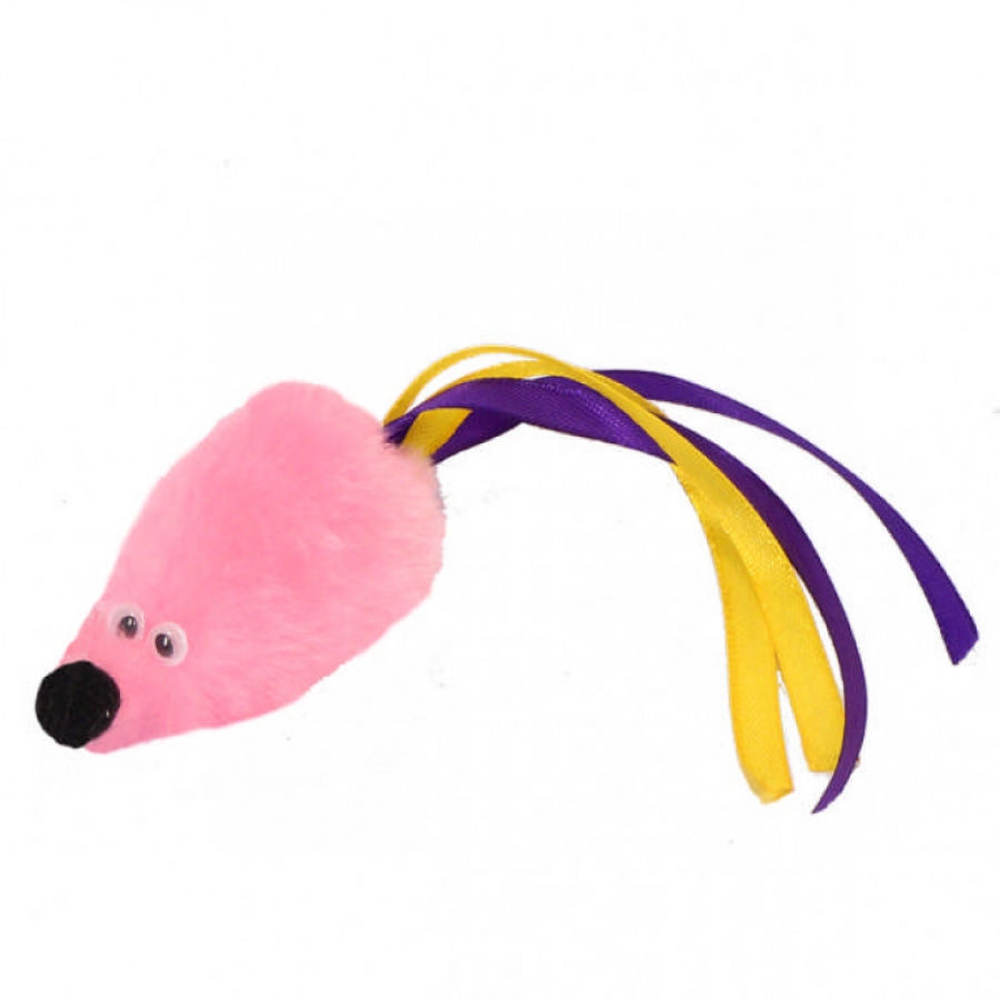Игрушка GоSi "Мышь с мятой" розовый мех с хвостом из лент на картоне с еврослотом