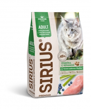 SIRIUS 1,5 кг для кошек с чувствительным пищеварением Индейка и Черника